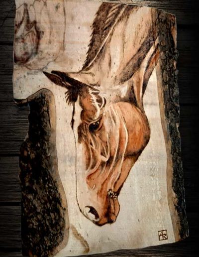 Testa di cavallo inciso a pirografo su legno di olivo