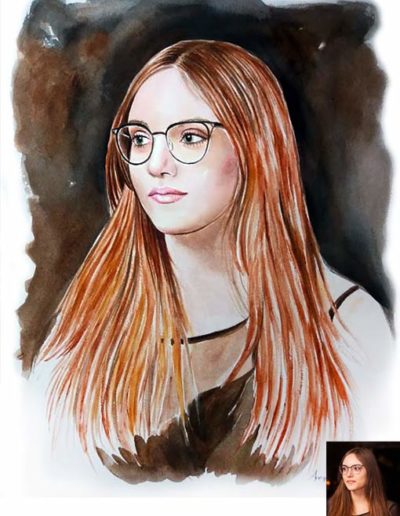 Ritratto ad acquerello dimensioni 40x60 cm. di una ragazza con occhiali