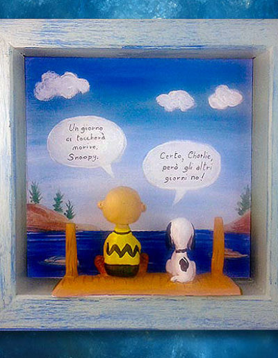 Quadretto del fumetto Snoopy e Charlie Brown in cornice che si parlano, handmade