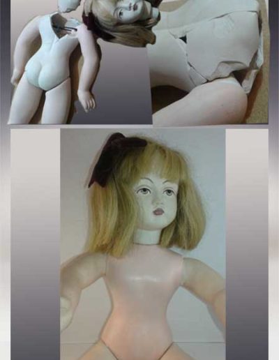 Prima e dopo della ricostruzione corpo di una bambola di porcellana