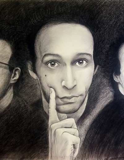 Quadro con tre ritratti a carboncino di Roberto Benigni